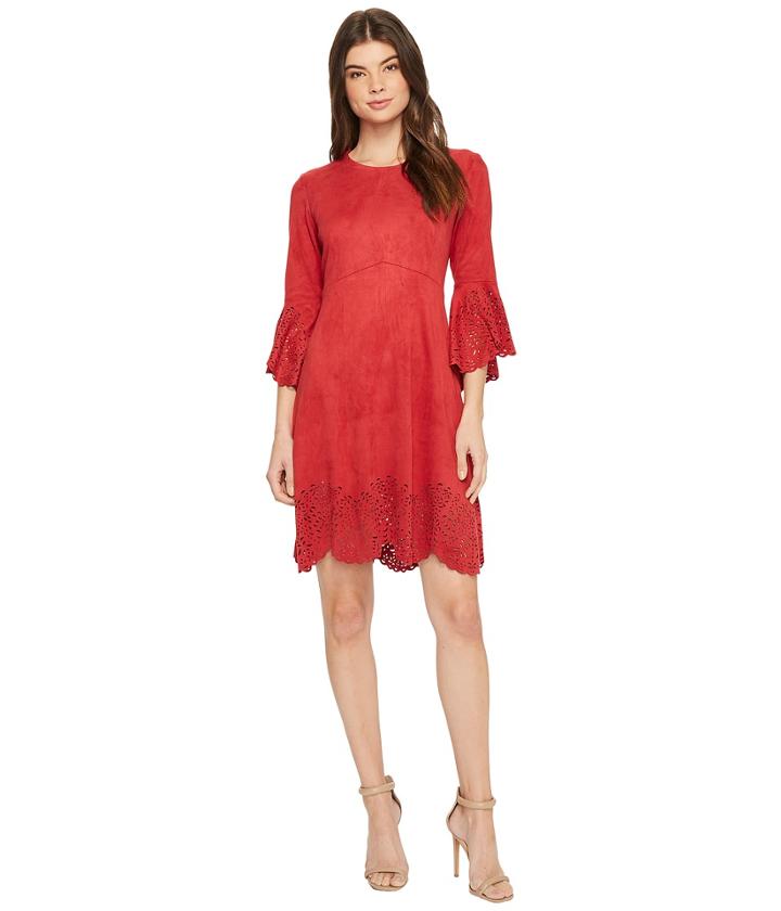 Tribal - Laser Cut Faux Suede Trimmed Dress
