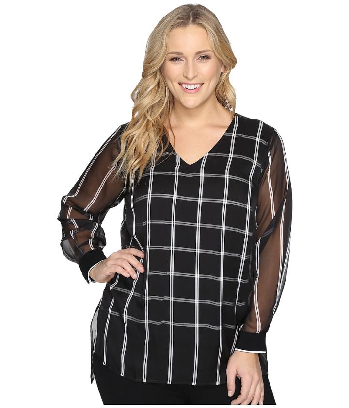 Vince Camuto Plus - Plus Size Long Sleeve V-neck Stripe Duet Blouse With Knit Underlay