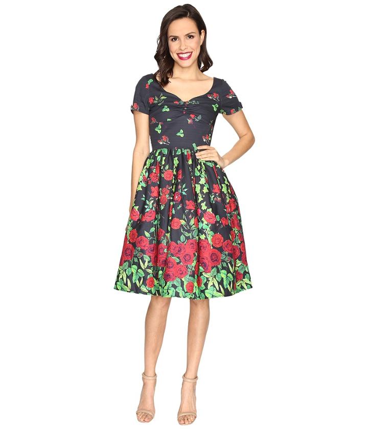 Unique Vintage - Border Print Cotton Sleeved Fit Flare Dress