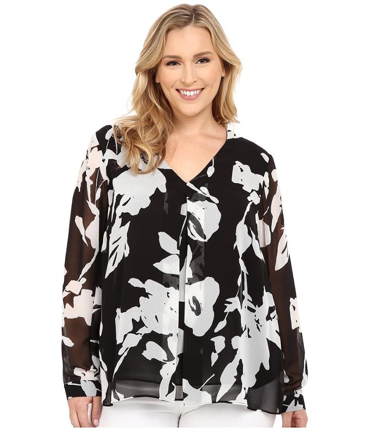 Calvin Klein Plus - Plus Size Long Sleeve Printed Invert Pleat Blouse