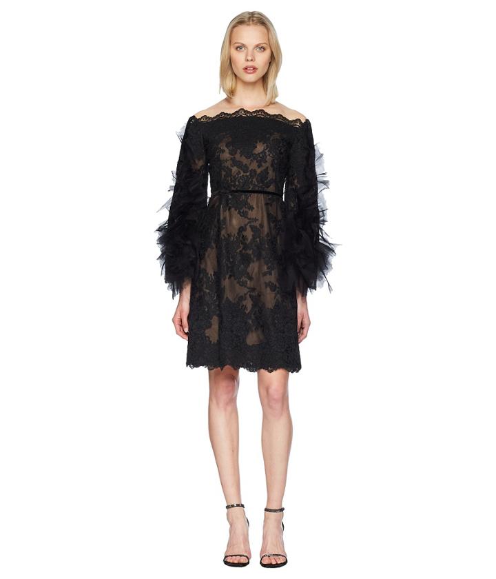 Marchesa - Off The Shoulder Corded Lace Cocktail W/ Tulle Sleeves