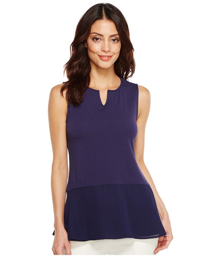 Ivanka Trump - Knit Slit Neck Tank Top With Woven Hem