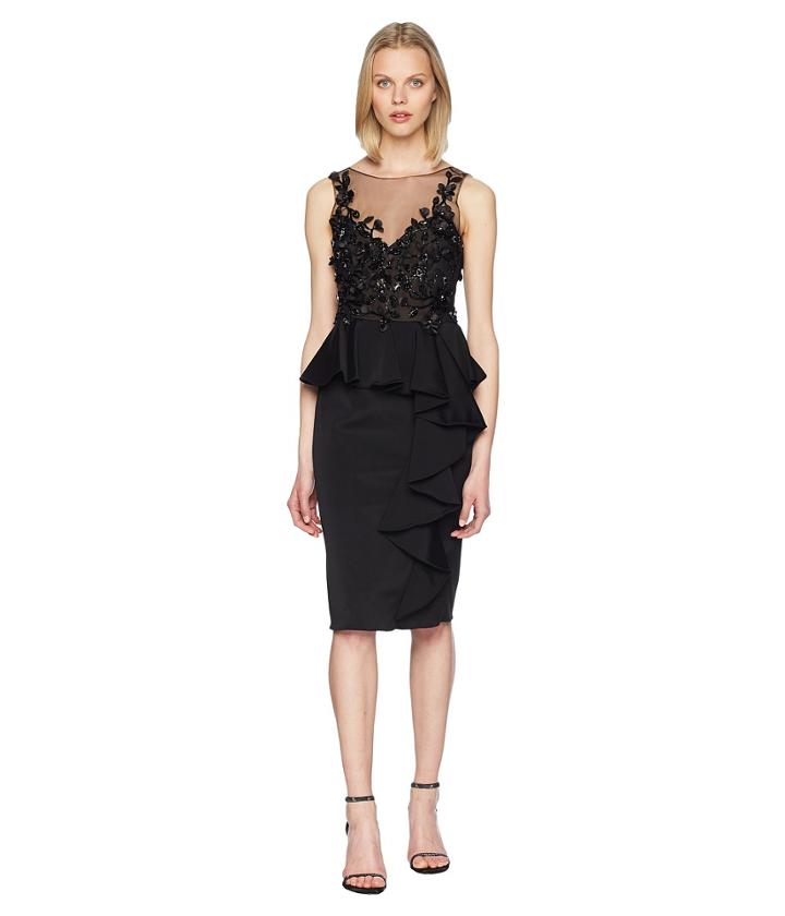 Marchesa Notte - Sleeveless Embroidered Stretch Faille Cocktail W/ 3d Beading And Ruffles