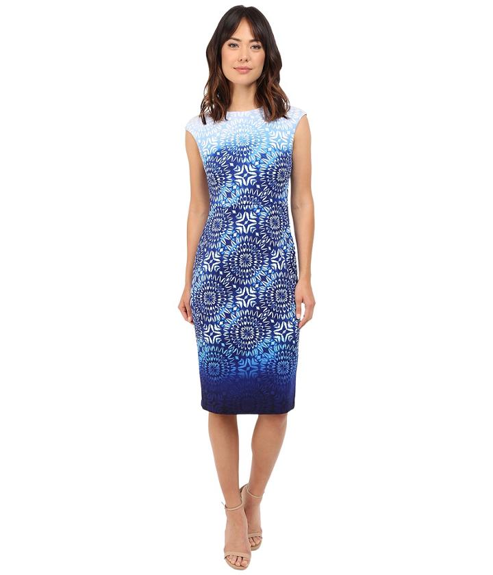 Maggy London - Ombre Batik Printed Scuba Sheath Dress With Cap Sleeve