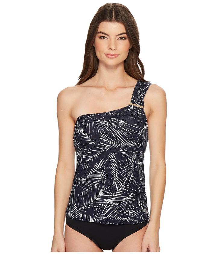 Michael Michael Kors - Abstract Palm Logo Bar One Shoulder Tankini Top W/ Removable Soft Cups