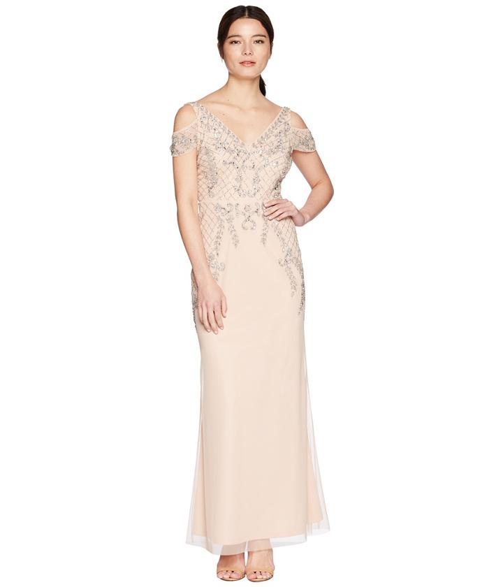 Adrianna Papell - Petite V-neck Long Beaded Mob Gown With Cap Sleeves