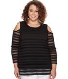 Vince Camuto Specialty Size - Plus Size Long Sleeve Mesh Stripe Cold Shoulder Top