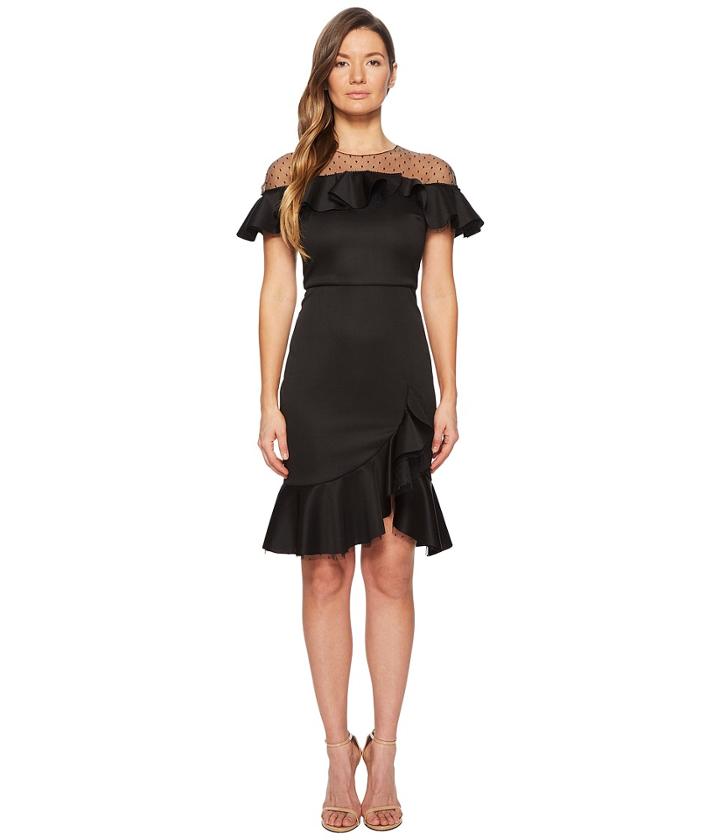 Marchesa Notte - Neoprene Cocktail W/ Point-d'esprit Hoke And Ruffles