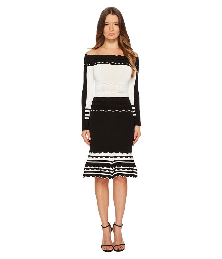 Yigal Azrouel - Black And White Striped Off Shoulder Knit Dress