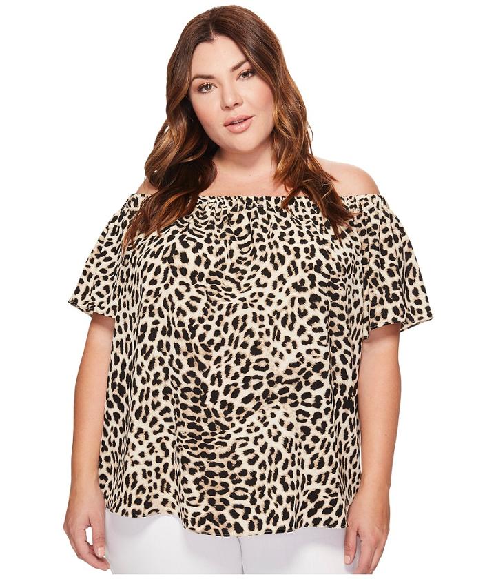 Vince Camuto Specialty Size - Plus Size Short Sleeve Leopard Song Off Shoulder Blouse