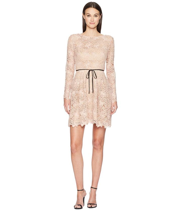 Ml Monique Lhuillier - Long Sleeve Tie Waist Lace Dress