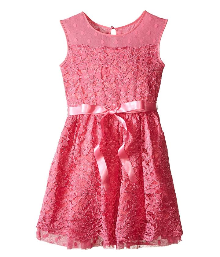 Us Angels - Lace Dress W/ Drop Shoulder Illusion Neckline W/ Belt Full Skirt