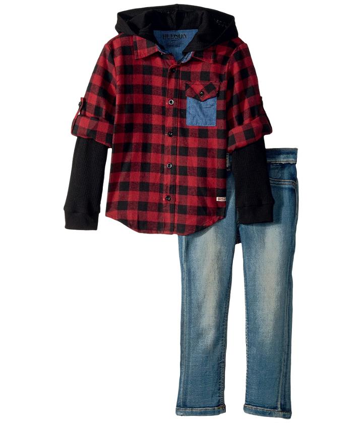 Hudson Kids - Three-piece Woven Flannel Plaid W/ Mock Thermal And Stretch Denim Pants