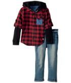 Hudson Kids - Three-piece Woven Flannel Plaid W/ Mock Thermal And Stretch Denim Pants