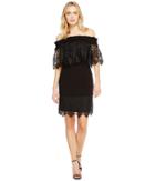 Badgley Mischka - Off The Shoulder Silk Dress Trimmed In Lace