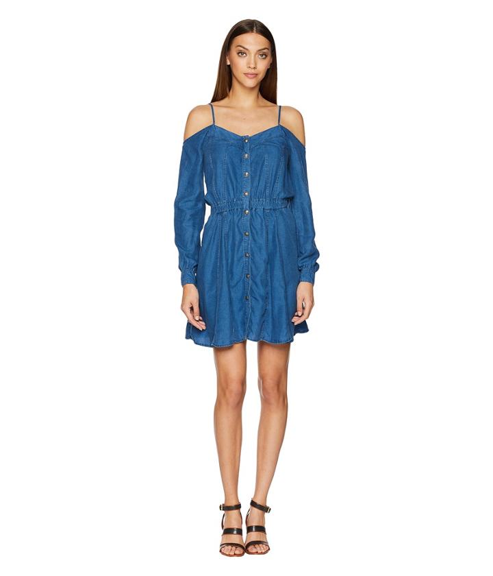 The Kooples - Lyocel Denim Dress With Bare Shoulders And Splits Details