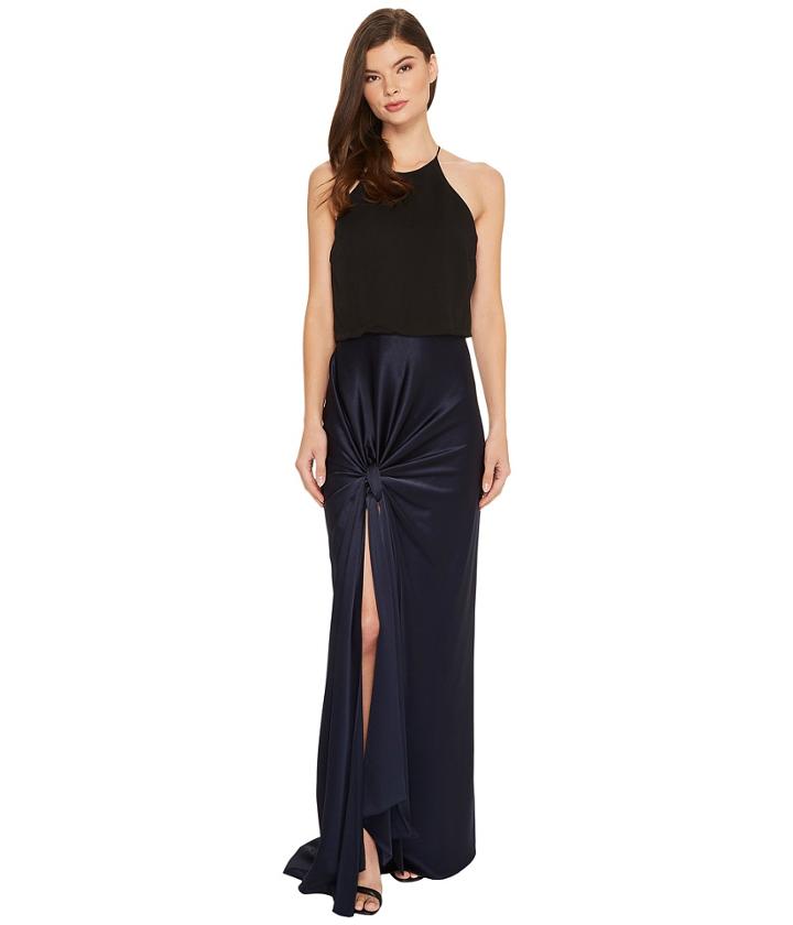 Halston Heritage - Sleeveless High Neck Satin Gown W/ Twist Drape Skirt