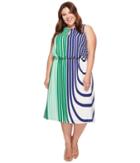 Adrianna Papell - Plus Size Beta Stripe Printed Georgette Blouson Halter Midi Dress