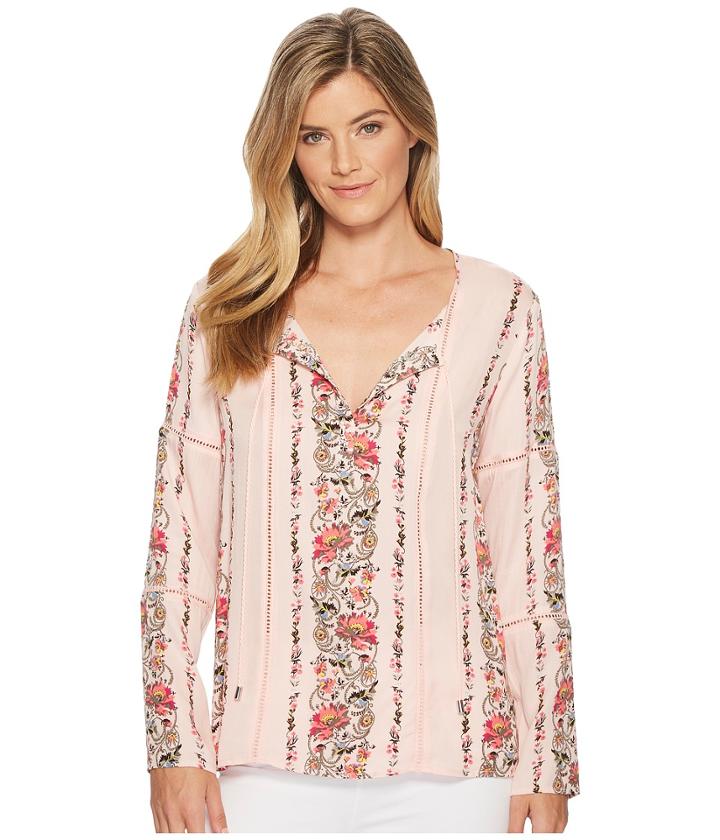Tribal - Long Sleeve Printed Blouse With Decorative Tape