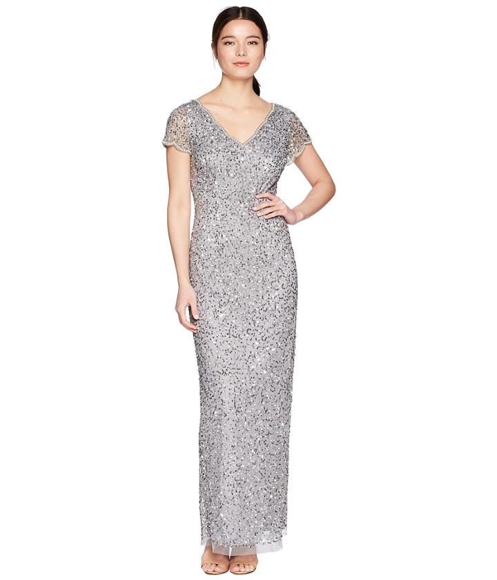 Adrianna Papell - Petite Cap Sleeve Fully Beaded Scallop Neck Gown