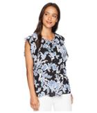 Vince Camuto - Flutter Sleeve Woodblock Floral Keyhole Blouse