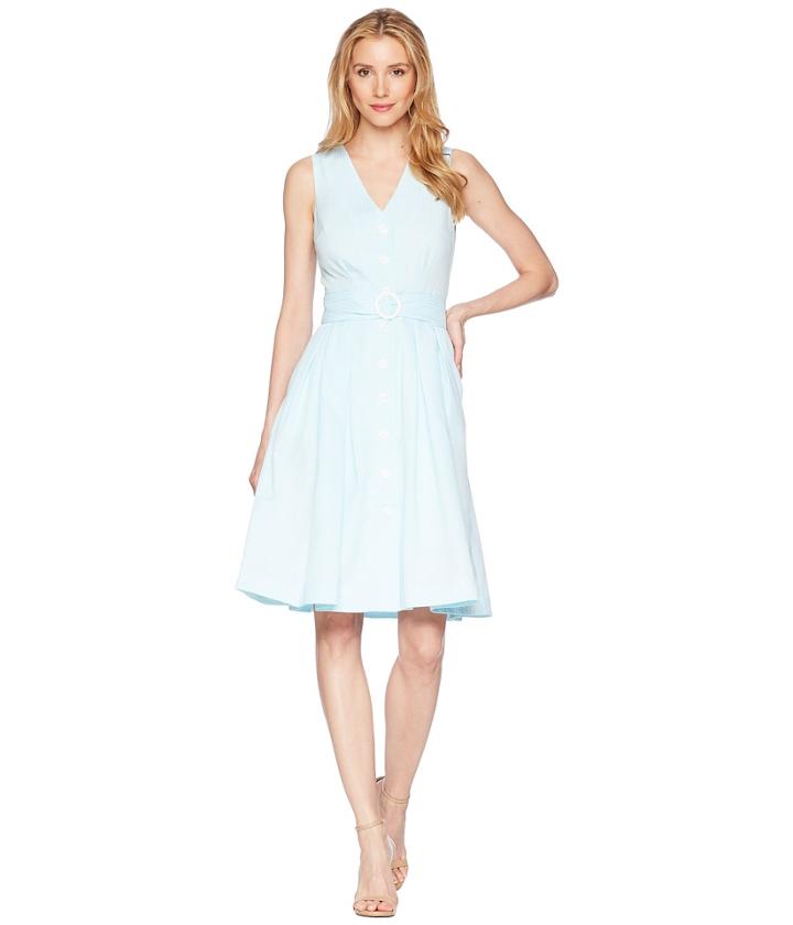 Donna Morgan - Sleeveless Seersucker Fit And Flare With Button Front And Belt