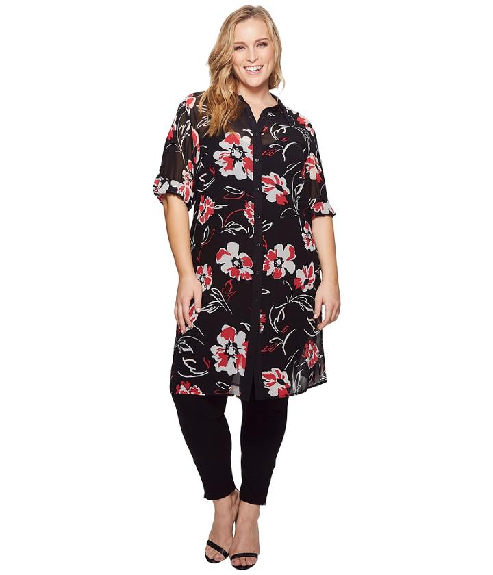 Calvin Klein Plus - Plus Size Roll-up Sleeve Tunic W/ Side Slit