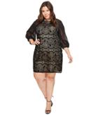Adrianna Papell - Plus Size Flocked Lurex Lace Mixed Media Long Sleeve Sheath Dress