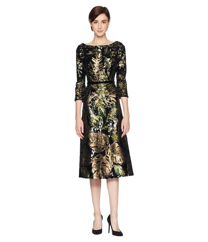 Marchesa Notte - 3/4 Sleeve Sequin Tea Length Cocktail With Velvet Trims