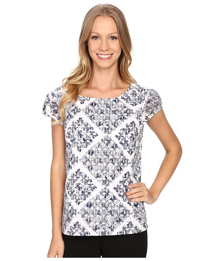 Adrianna Papell - Print Embroidered Eyelet Blouse