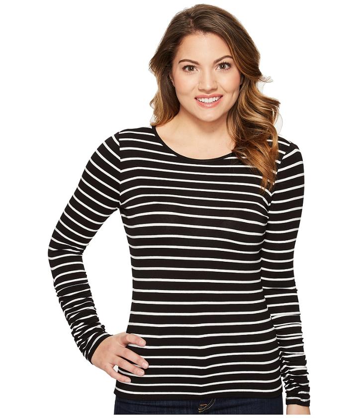 Vince Camuto Specialty Size - Petite Ruched Long Sleeve Linear Step Stripe Top