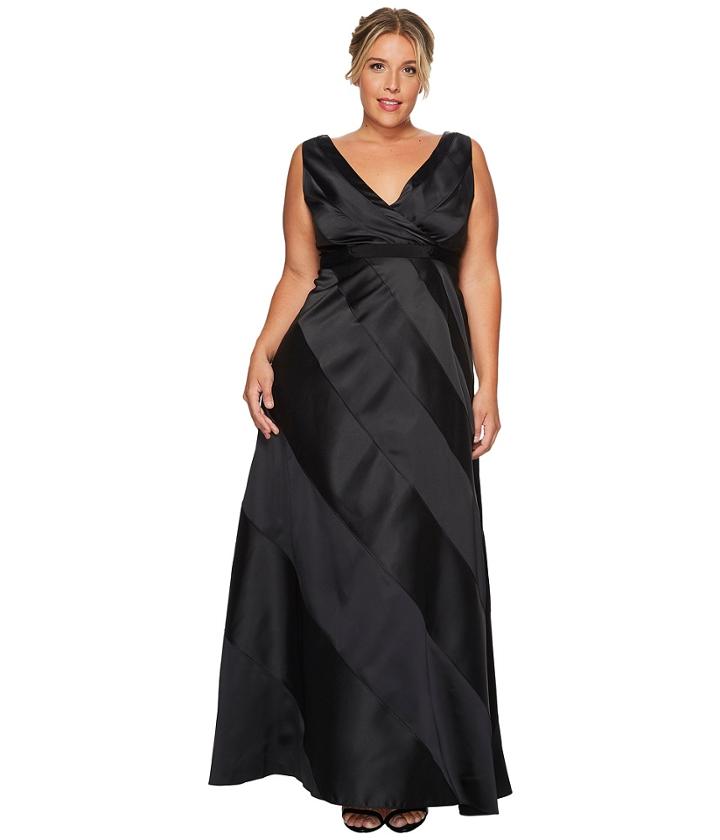 Adrianna Papell - Plus Size V-neck Ball Gown With Diagonal Strip Detail