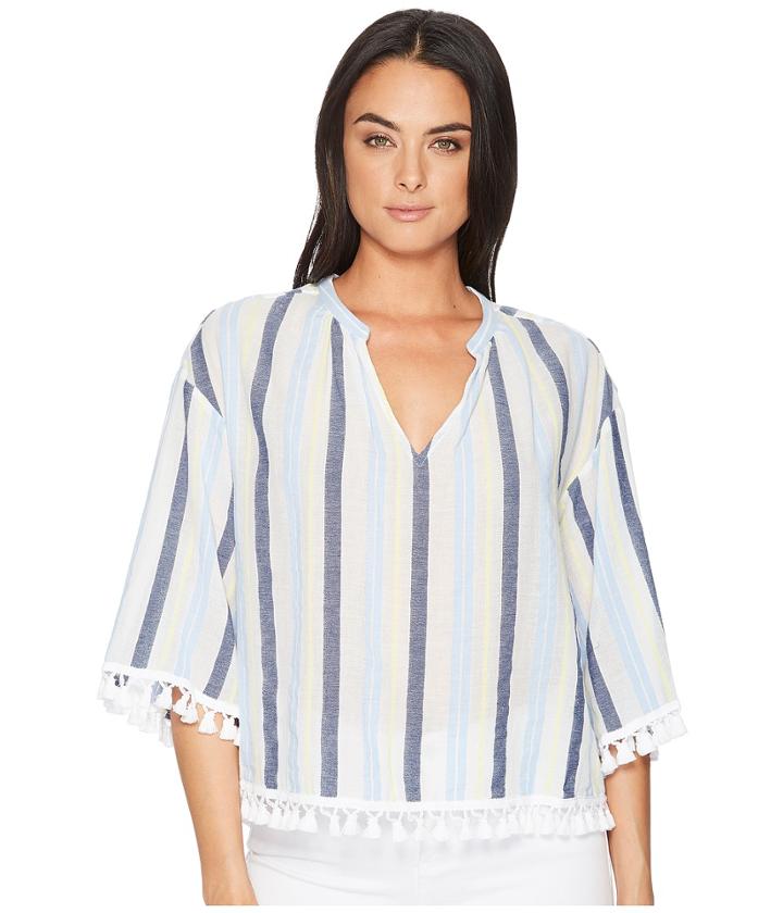 Two By Vince Camuto - Sheer Stripe Poncho With Pom Pom Trim