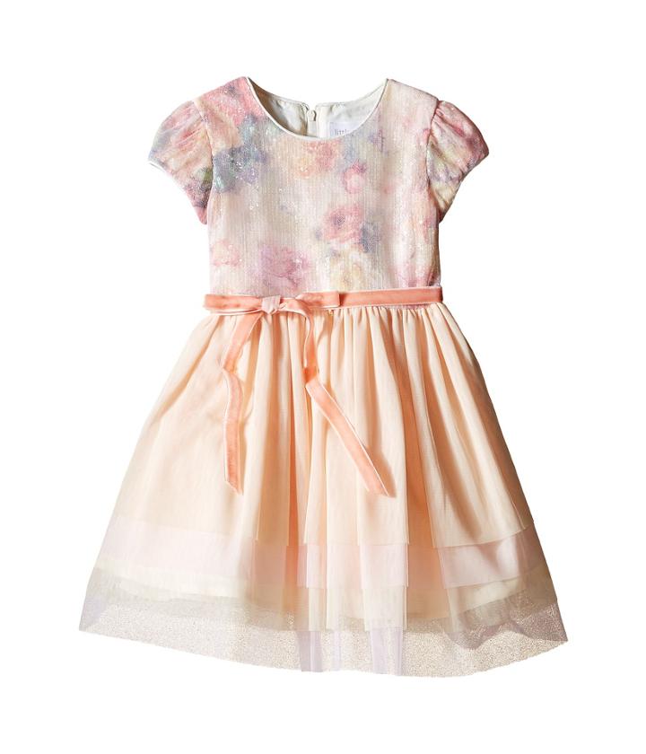 Us Angels - Printed Sequin Mesh Cap Sleeve Dress W/ Tulle Skirt