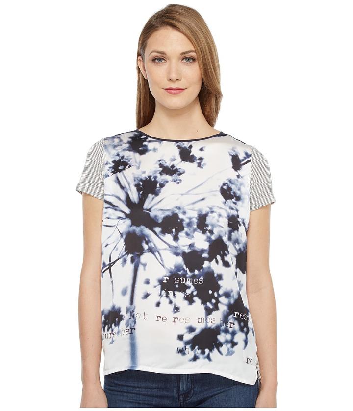 Tribal - Conversation Printsatin Short Sleeve Top W/ Woven Front