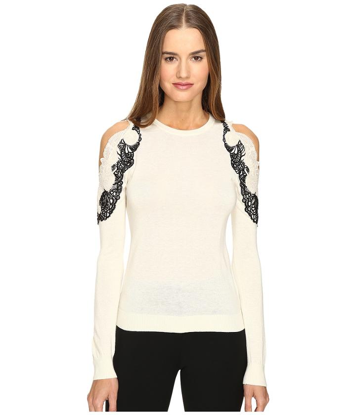 Yigal Azrou  L - Cold Shoulder Lace Applique Sweater
