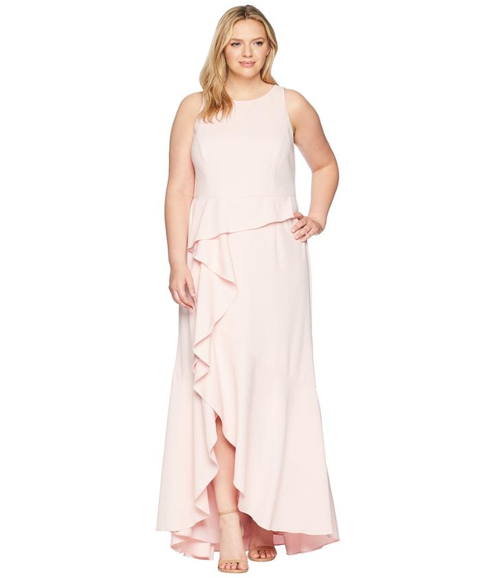 Adrianna Papell - Plus Size Sleeveless Long Knit Crepe Gown With Cascade Skirt Detail