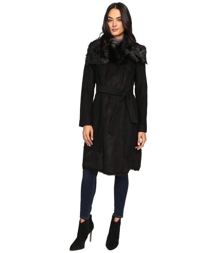 Vince Camuto - Belted Faux Fur Trim Wool Coat L1231