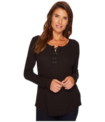 Tribal - Long Sleeve Rid Knit Top W/ Lace-up Detail At Neck