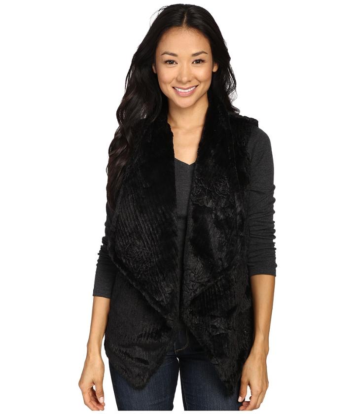 Dylan By True Grit - Plush Faux Black Rose Embossed Fur Draped Vest W/ Fur Lining