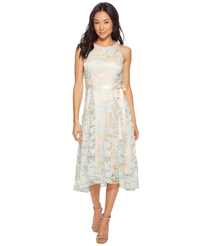 Tahari By Asl - Petite Embroidered Mesh Midi Dress