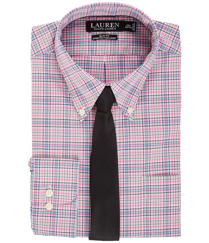Lauren Ralph Lauren - Non Iron Poplin Slim Button Down Collar Plaid Dress Shirt