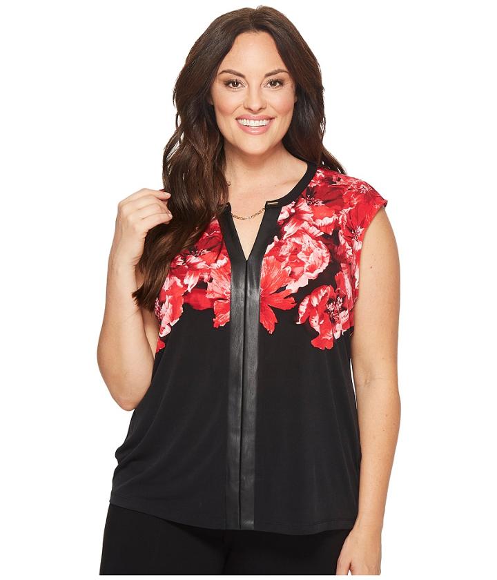 Calvin Klein Plus - Plus Size Print Top W/ Faux Leather Chain