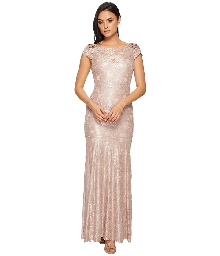 Adrianna Papell - Long Metallic Lace Cap Sleeve Gown