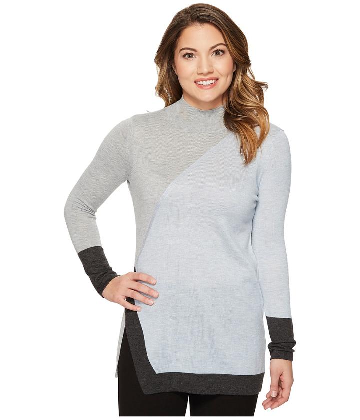 Vince Camuto Specialty Size - Petite Long Sleeve Color Blocked Turtleneck Tunic Sweater