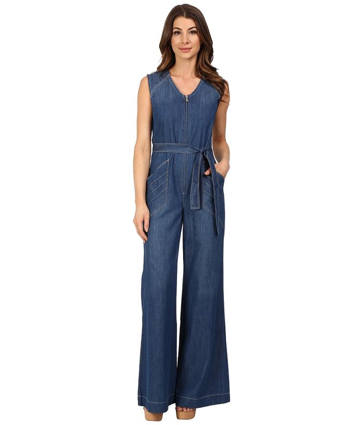 7 For All Mankind - Wide Leg Denim Jumpsuit W/ Topstitching In Crescent Blue