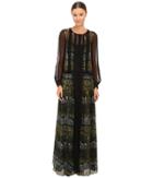 Alberta Ferretti - Long Sleeve Sheer Overlay Printed Maxi Dress