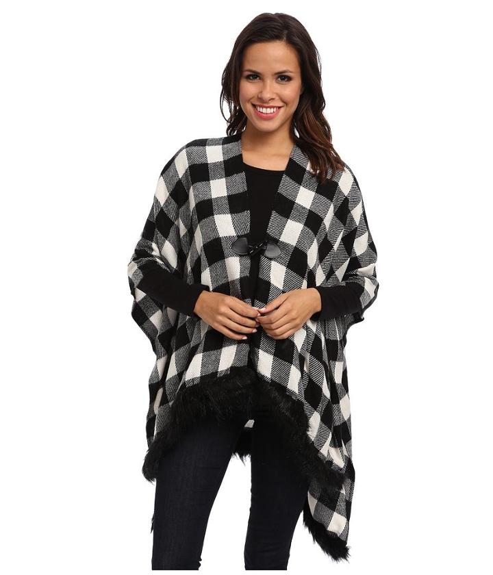 Steve Madden Buffalo Check Fur Trim Ruana