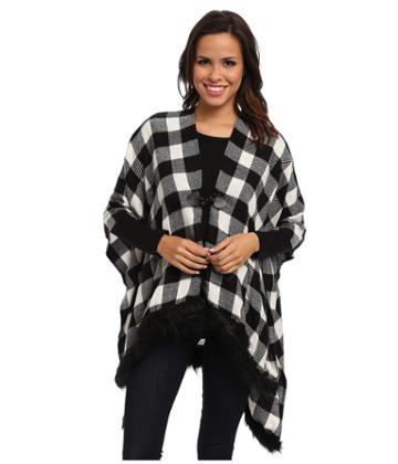 Steve Madden Buffalo Check Fur Trim Ruana