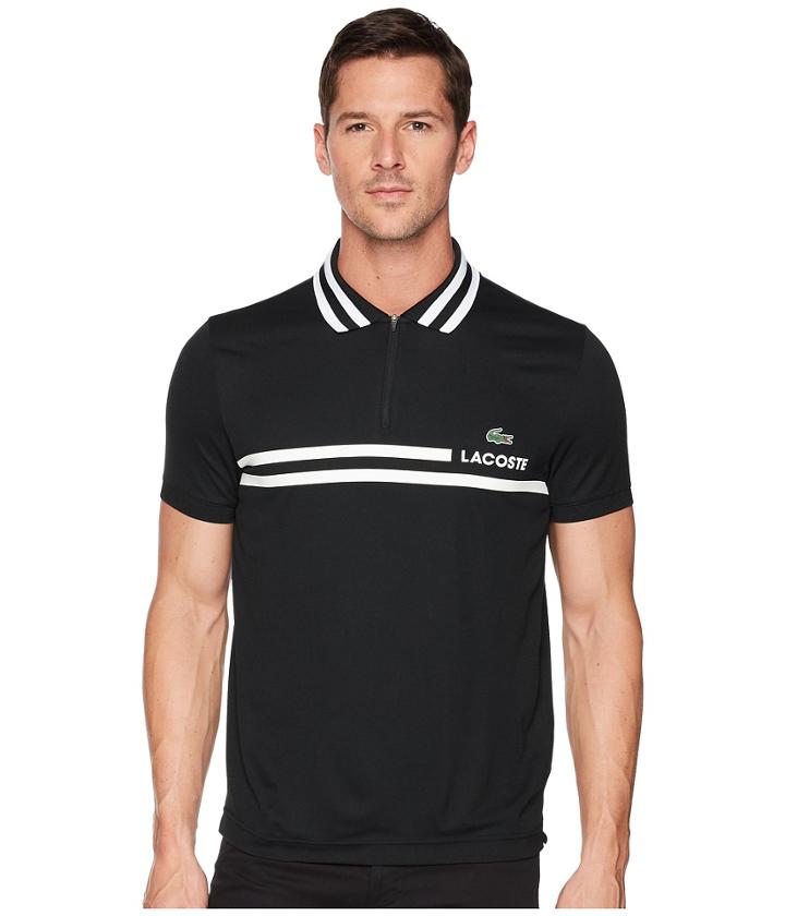 Lacoste - Short Sleeve Pique Ultra Dry Fine Stripe W/ Jacquard Collar Zip Front Placket